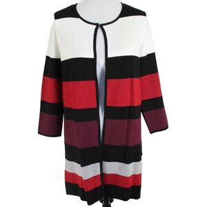 Kasper Cardigan Sweater Womens Sz L Black Red Purple Stripe Metallic Open Front